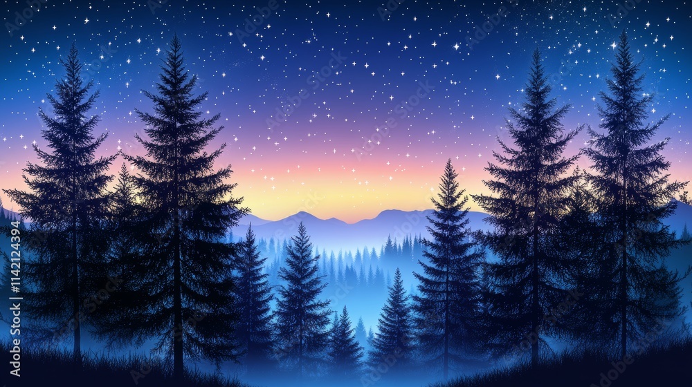 Gradient mountain landscape at night with foggy valley, ideal for nature art, scenic illustrations, travel design, environmental awareness, and digital graphic projects. Gradient mountain landscape at night with foggy valley, ideal for nature art, scenic illustrations, travel design, environmental awareness, and digital graphic projects.