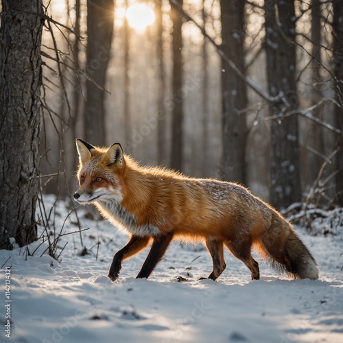 A red fox trotting through a snow-covered forest with soft sunlight filtering through the trees. photo