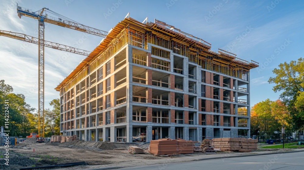 Construction site with a large building under bright clear sky Construction site with a large building under bright clear sky