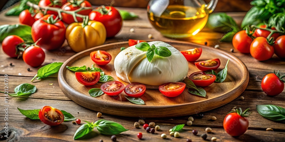 Creamy Burrata Light Lunch: Wide-Angle Photography of Delicious Italian Cheese Creamy Burrata Light Lunch: Wide-Angle Photography of Delicious Italian Cheese