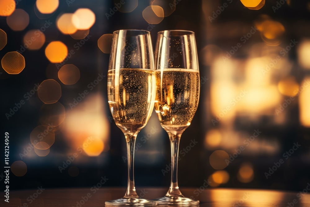 Two elegant champagne flutes, filled with bubbly golden champagne, create a celebratory mood against a blurred background of festive lights