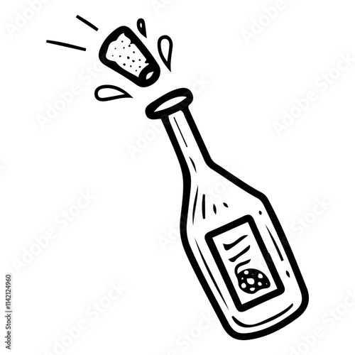 Champagne bottle hand drawn doodle. Festive drink. Opening. Flying cork. Grape sparkling wine. Light alcohol for celebration. Vector line art illustration.