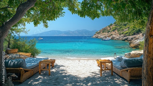Fototapeta Naklejka Na Ścianę i Meble -  a view of the lovely gialos beach in ios greece featuring sun loungers beach couches beach chairs and table