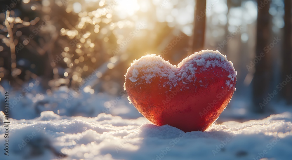 A red heart shape in the snow. It looks very attractive, and it is illuminated by the sunlight. A romantic idea to commemorate and celebrate Valentine's Day. A red heart shape in the snow. It looks very attractive, and it is illuminated by the sunlight. A romantic idea to commemorate and celebrate Valentine's Day.
