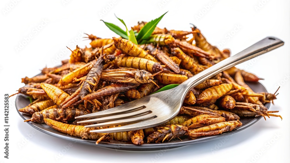 Crunchy Critters: Close-Up of Edible Fried Insects Snack on White Crunchy Critters: Close-Up of Edible Fried Insects Snack on White