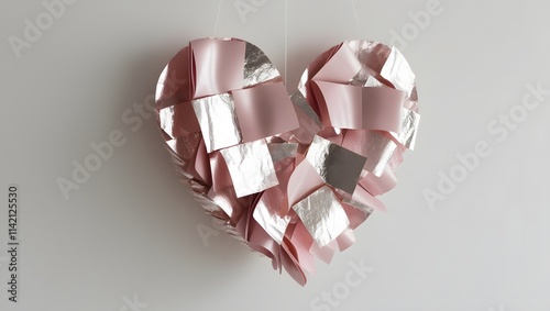 Heart-shaped arrangement of pastel pink and silver foil fragments on white background
 photo