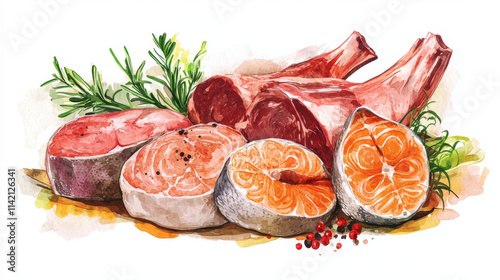 Meat and fish slices set isolated on white background. Vector cartoon illustration of raw beefsteak, chicken legs, lamb rack and piece of salmon, fresh ingredients for bbq party meal, picnic menu photo