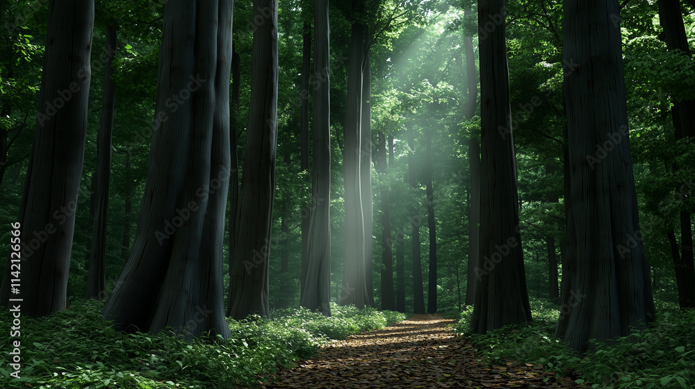 Fototapeta premium A Forest Path Surrounded by Tall Trees, Representing Stability and Resilience