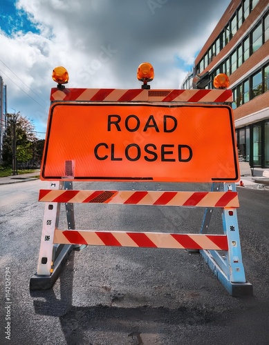 orange Road Closed sign on a barricade with reflective tape on road