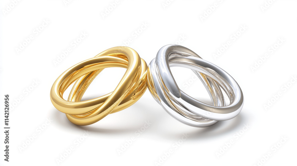Gold and silver couple ring. 3d marriage jewelry vector. Two golden wedding jewel object. Realistic wife and husband celebration symbol. White platinum married circle pair for event. Romance gift Gold and silver couple ring. 3d marriage jewelry vector. Two golden wedding jewel object. Realistic wife and husband celebration symbol. White platinum married circle pair for event. Romance gift