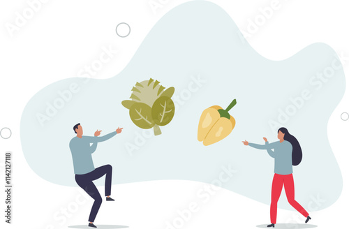 Characters carrying fresh organic vegetables.Vegetarian eating healthy food.flat characters.