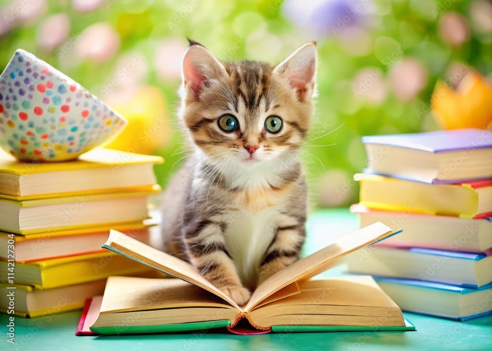 Cute Kitten Reading Book Sweet Cartoon , Child Reading, Adorable Animal, Eye Level Shot Cute Kitten Reading Book Sweet Cartoon , Child Reading, Adorable Animal, Eye Level Shot