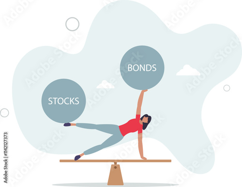 Stocks vs bonds in investment asset allocation, risk assessment portfolio or expected return in long term mutual funds,flat characters.