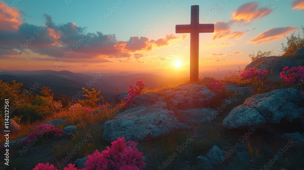 Cross silhouetted against fiery sunset over vibrant clouds, spiritual concept, heaven imagery, faith, Christian symbolism, religious scene, inspirational atmosphere, and divine beauty. Cross silhouetted against fiery sunset over vibrant clouds, spiritual concept, heaven imagery, faith, Christian symbolism, religious scene, inspirational atmosphere, and divine beauty.