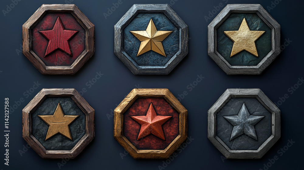 Cartoon set of game badges of different rank isolated on dark blue background. Vector illustration of pentagon medals with star, wooden, stone, golden, silver metal textures. Collection of level award Cartoon set of game badges of different rank isolated on dark blue background. Vector illustration of pentagon medals with star, wooden, stone, golden, silver metal textures. Collection of level award