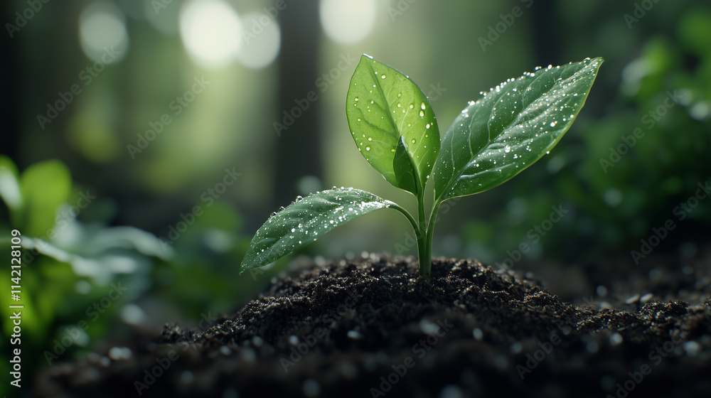 A Small Green Seedling Emerging from Rich Soil Under Morning Sunlight A Small Green Seedling Emerging from Rich Soil Under Morning Sunlight