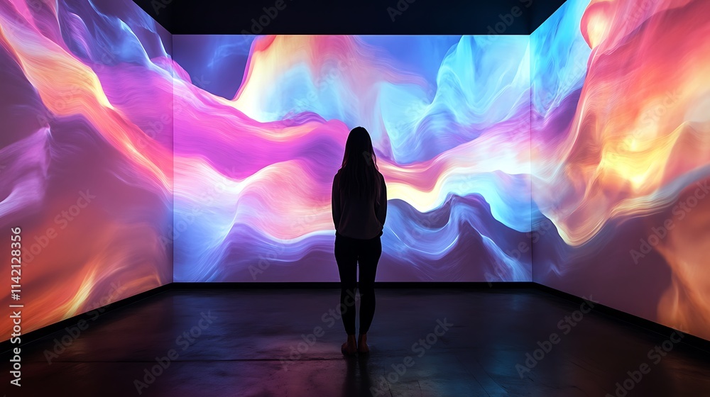 custom made wallpaper toronto digitalWoman silhouetted against vibrant, immersive digital art installation.