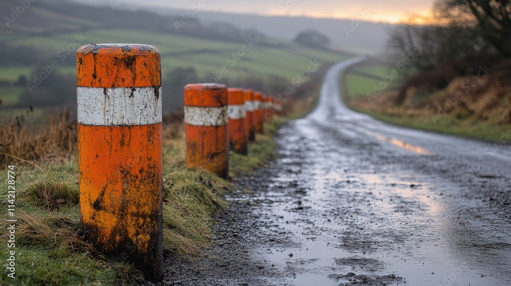 beside a country road are red and white road markers next to the tarmac is a row of painted short posts that indicate a steep slop beside a country road are red and white road markers next to the tarmac is a row of painted short posts that indicate a steep slop