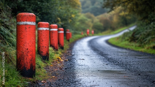 beside a country road are red and white road markers next to the tarmac is a row of painted short posts that indicate a steep slop