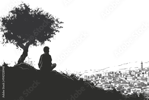 Man is sitting on a hillside next to a tree. The hillside is covered in grass. flat vector illustration