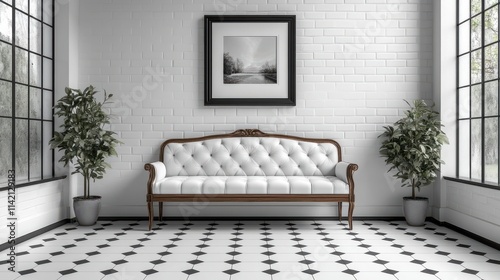 black and white picture on a white bench resting on cube tiles against a background wal