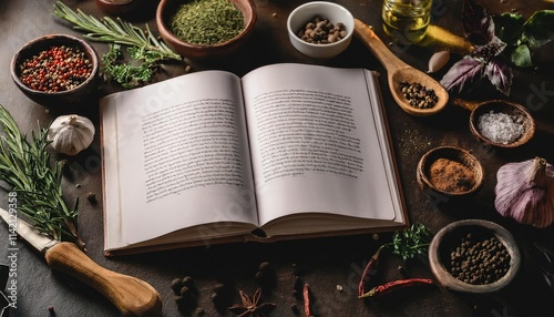 Open cooking journal on a dark table surrounded by spices and herbs photo