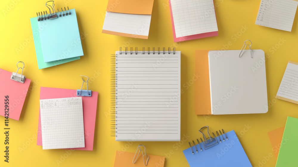 Paper notes set, white notebook sheets pinned on wall, blank folded and ragged pages. Memo pads, daily planner, empty sticky notes isolated on yellow background. Realistic 3d vector illustration Paper notes set, white notebook sheets pinned on wall, blank folded and ragged pages. Memo pads, daily planner, empty sticky notes isolated on yellow background. Realistic 3d vector illustration