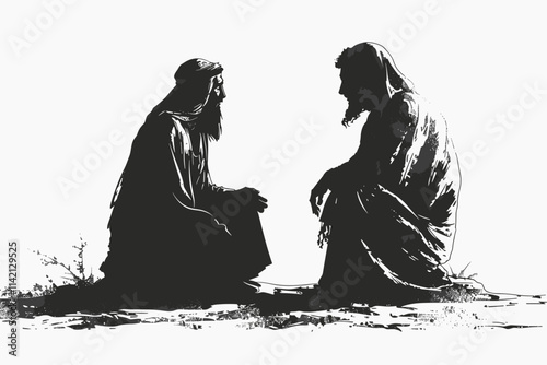 Two men are sitting on the ground. One of them is wearing a white robe. The other man is wearing a black robe. flat vector illustration