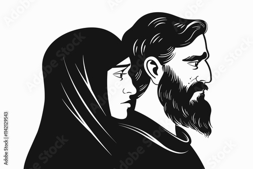 Man and a woman are shown in a black and white drawing. The man has a beard and the woman has a scarf. flat vector illustration