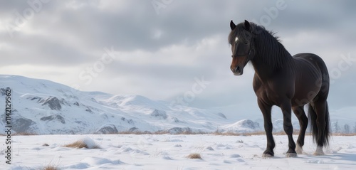 Frisian horse's fur stands out against snowy backdrop,  animals,  white snow,  frisian horse
