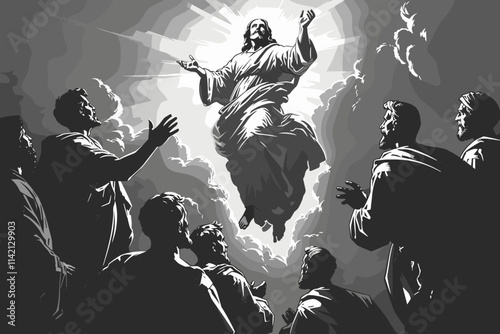 Man in a white robe is flying in the sky. A group of people are looking up at him. flat vector illustration