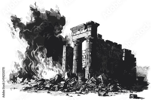 Large building with a grand archway sits in the background, while a fire burns in the foreground. The fire is surrounded by rubble and debris. flat vector illustration