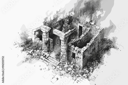Building is on fire and has been destroyed. The fire is very large and is all over the building. flat vector illustration