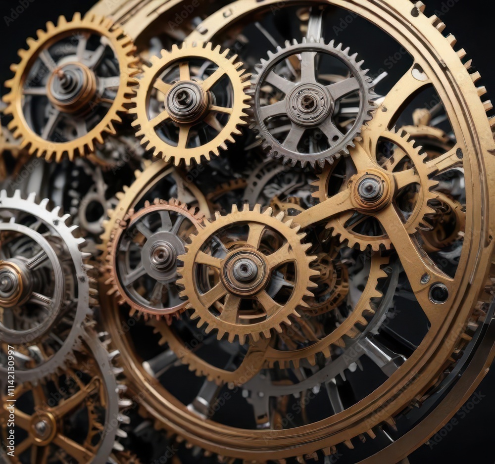 Cogwheels and cogs in an intricate clockwork mechanism, gears, automata Cogwheels and cogs in an intricate clockwork mechanism, gears, automata