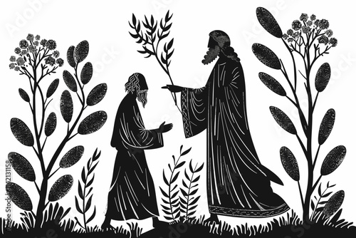 Man is giving a leaf to another man. The man is wearing a robe. The leaf is green. flat vector illustration