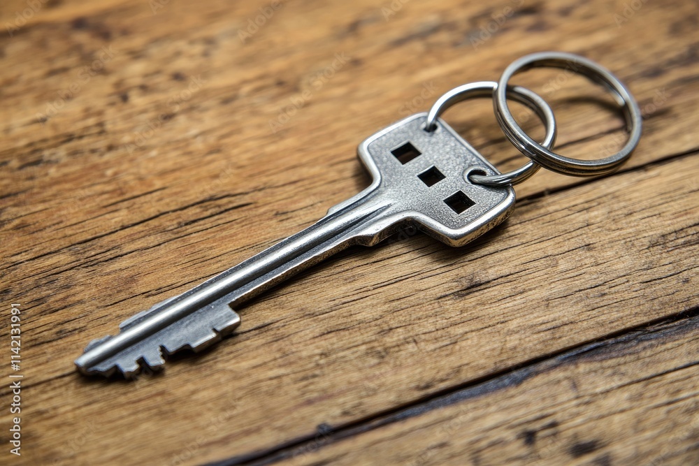 Here is a close up image of a key resting on a wooden table surface Here is a close up image of a key resting on a wooden table surface