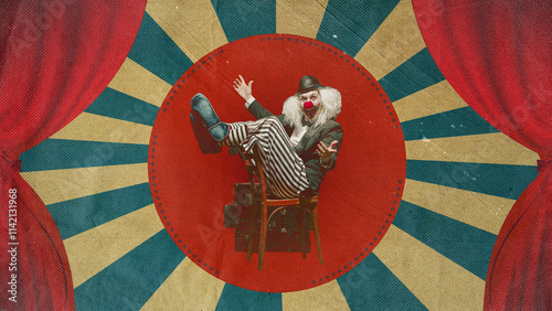 Retro circus-themed design with clown sitting on chair against red circular backdrop. Classic theatrical vibe. Contemporary art collage. Concept of retro circus, theater, performance. Poster, banner