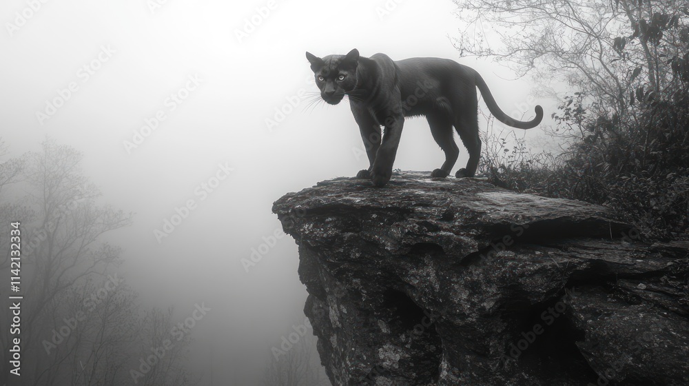 Black panther standing on cliff in fog. Black panther standing on cliff in fog.