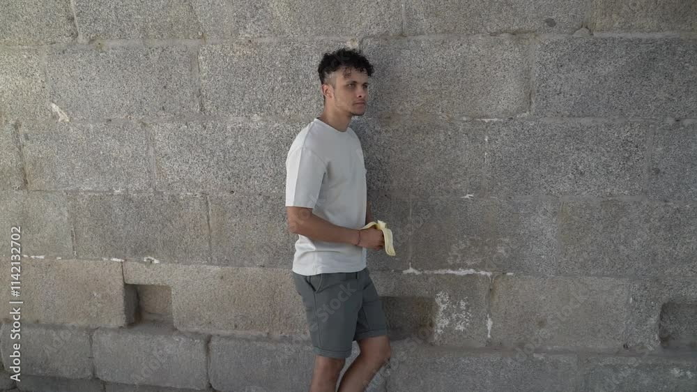 Young Latino man sitting outdoors eating a pastry Young Latino man sitting outdoors eating a pastry