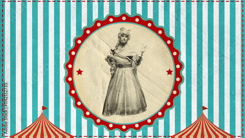 Vintage-style circus poster depicting drag queen performer in dress, framed by retro patterns. Contemporary art collage. Concept of retro circus, theater, performance. Poster, banner, ad photo