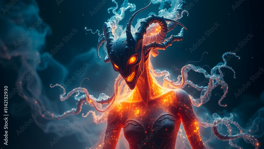 Fiery demonic female figure with horns and glowing embers, enveloped in swirling smoke. Fiery demonic female figure with horns and glowing embers, enveloped in swirling smoke.