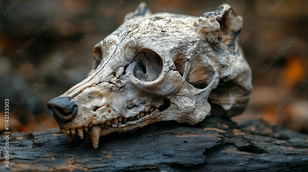 Weathered Canine Skull Rests on Burned Wood Weathered Canine Skull Rests on Burned Wood