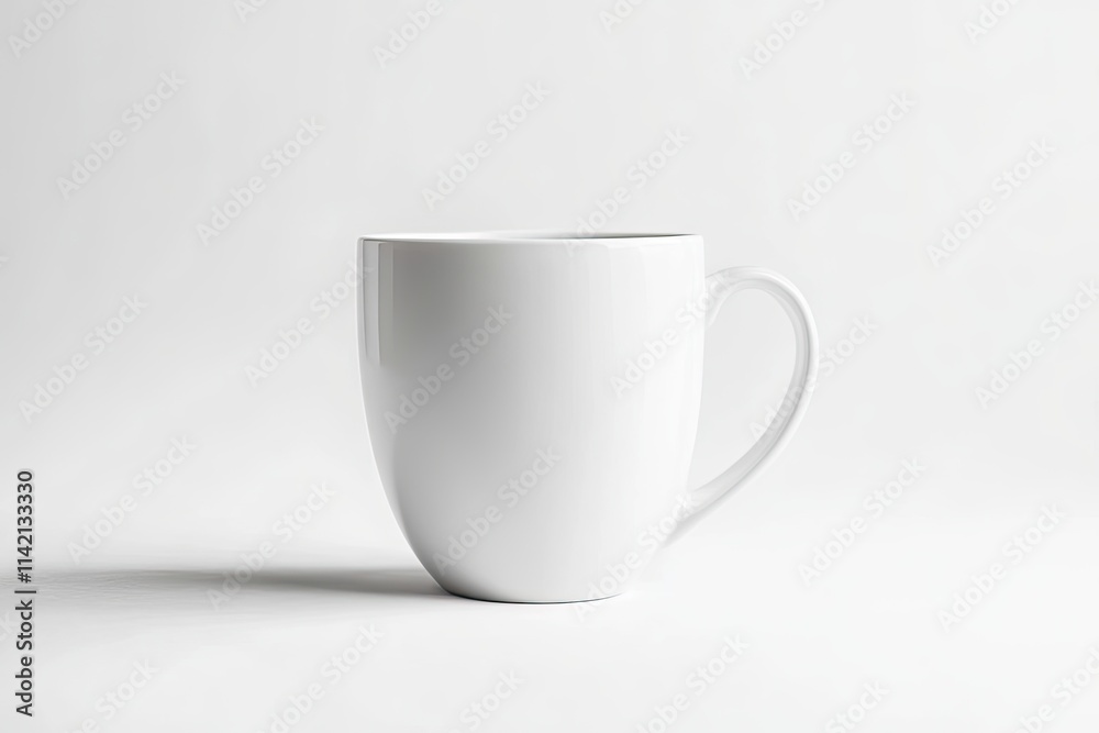 Obraz premium A white ceramic coffee mug featuring a handle is placed on a white surface