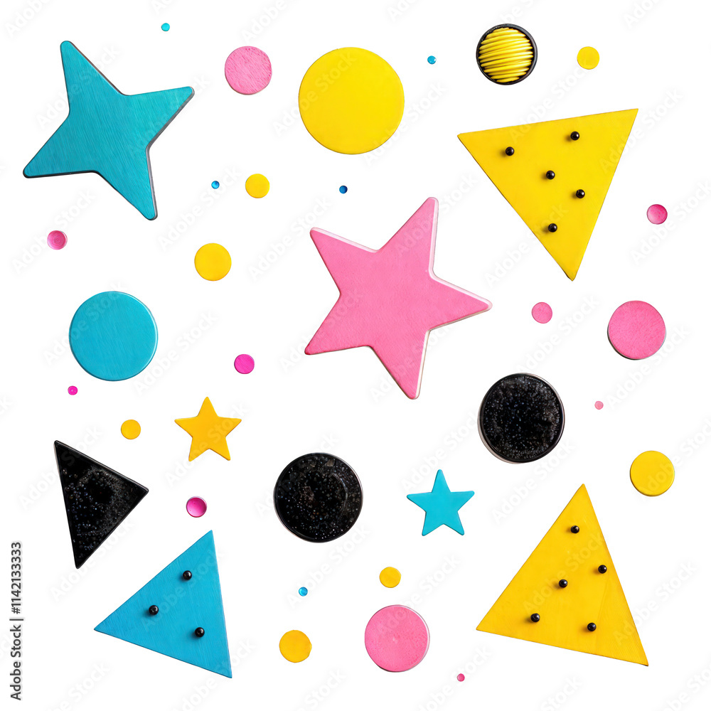 Colorful geometric shapes with stars, triangles, and circles on black background