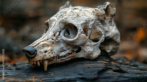 Weathered Canine Skull Rests on Burned Wood