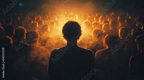 Silhouette of a person in a glowing orange crowd