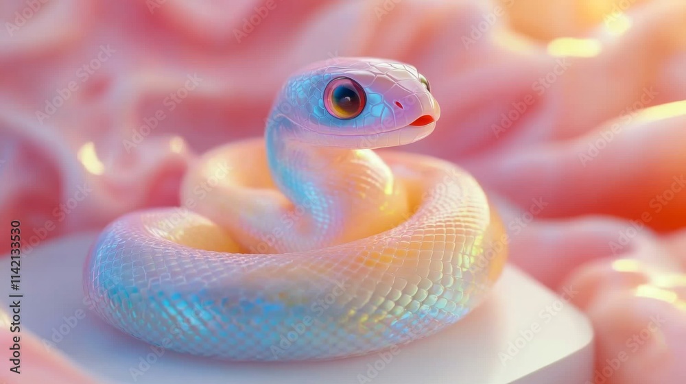 Fototapeta premium Pastel-colored digital snake coiled on a soft glowing surface
