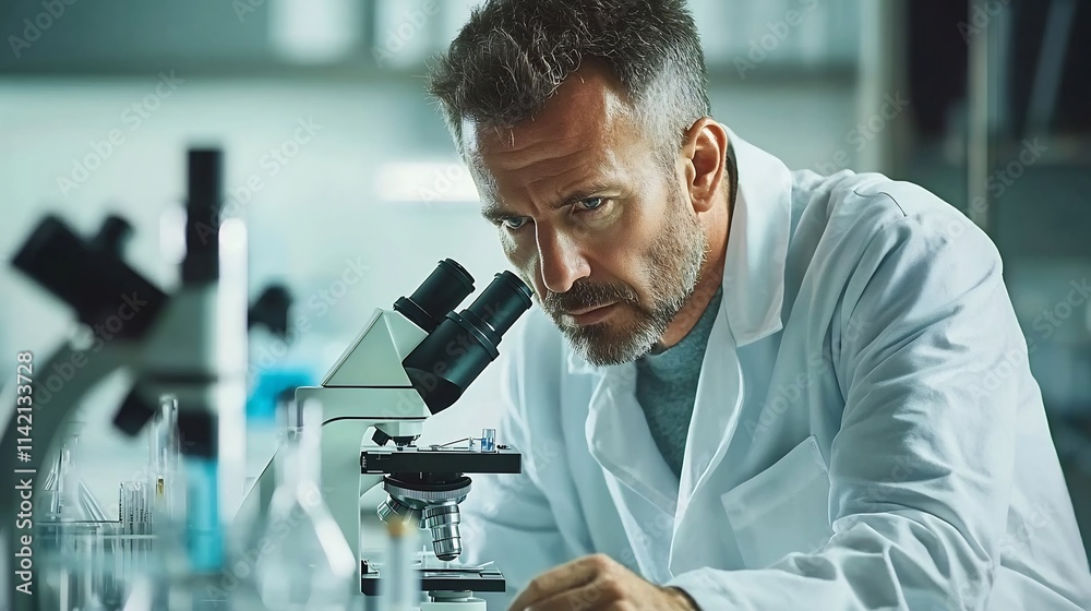 Focused Researcher Examining Scientific Specimen Through Microscope Amidst Laboratory Equipment and Tools on Workspace Desk Focused Researcher Examining Scientific Specimen Through Microscope Amidst Laboratory Equipment and Tools on Workspace Desk