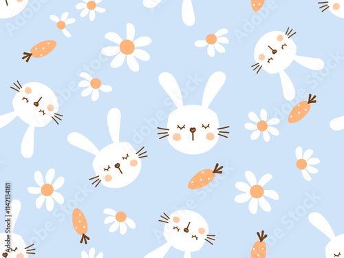 Seamless pattern with bunny rabbit cartoons, carrot and daisy flower on blue background vector.