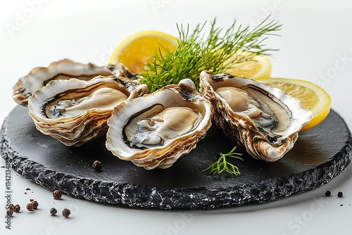 Fresh oysters with lemon's slices in ice. Restaurant delicacy. Saltwater oysters dish. photo